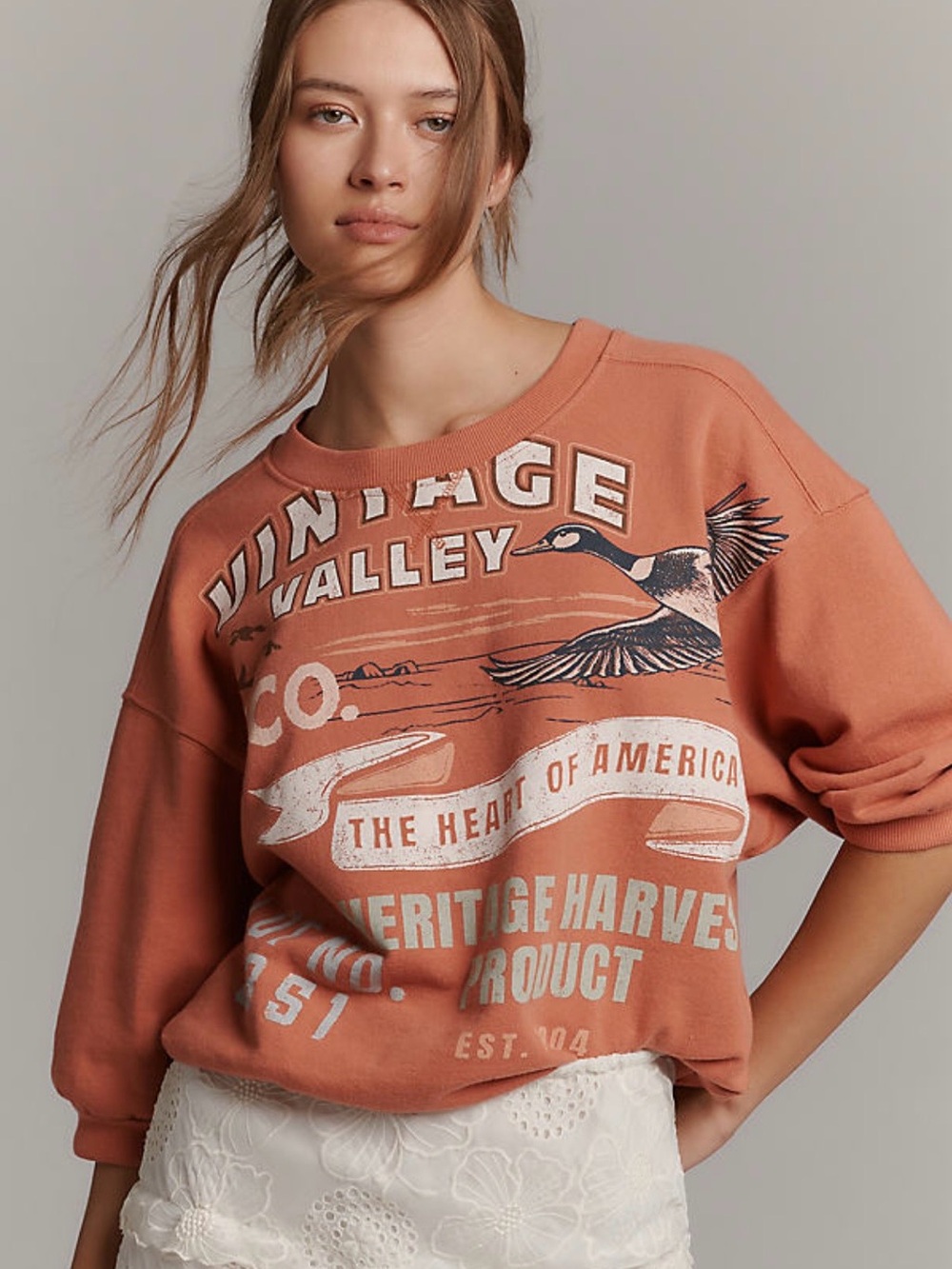 Pilcro Coral-Orange Vintage Graphic Crewneck Sweater